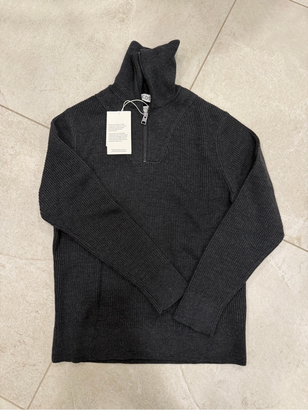 COS Men's Dark Charcoal Half-Zip Rib Knit Sweater